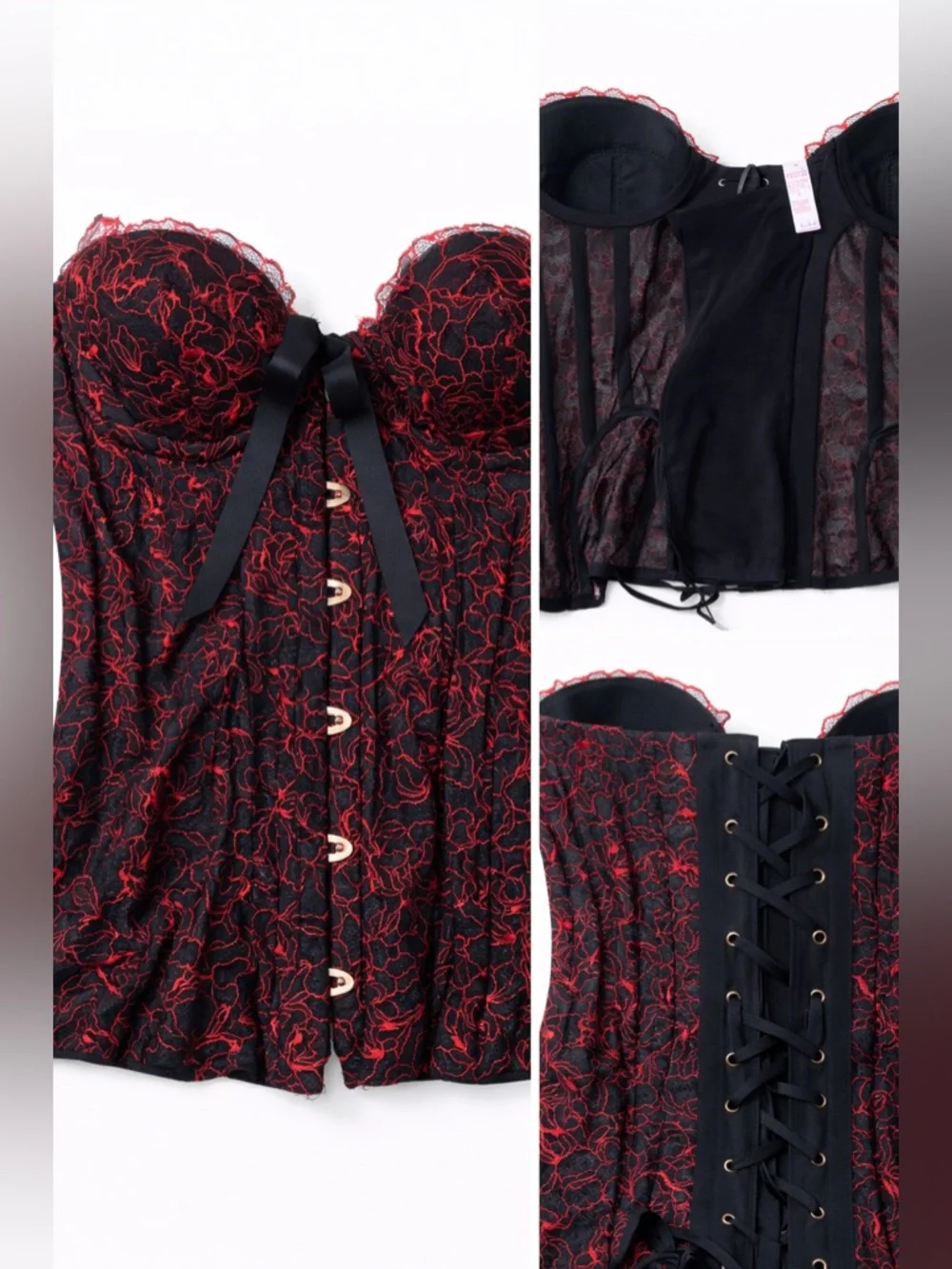 Savage X Fenty Black Red Lace Corset Bustier Top Lace-Up Back Size M